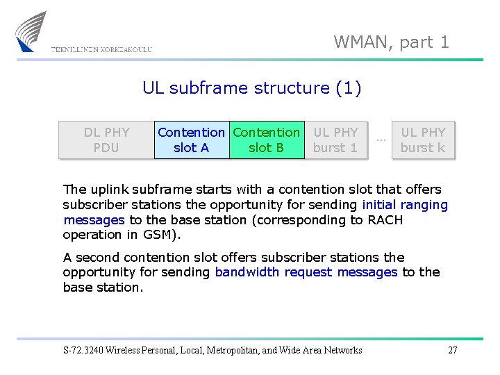 WMAN, part 1 UL subframe structure (1) DL PHY PDU Contention UL PHY slot