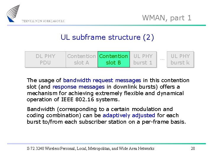 WMAN, part 1 UL subframe structure (2) DL PHY PDU Contention UL PHY slot