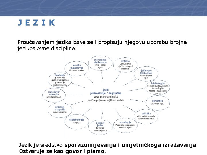 JEZIK Proučavanjem jezika bave se i propisuju njegovu uporabu brojne jezikoslovne discipline. Jezik je