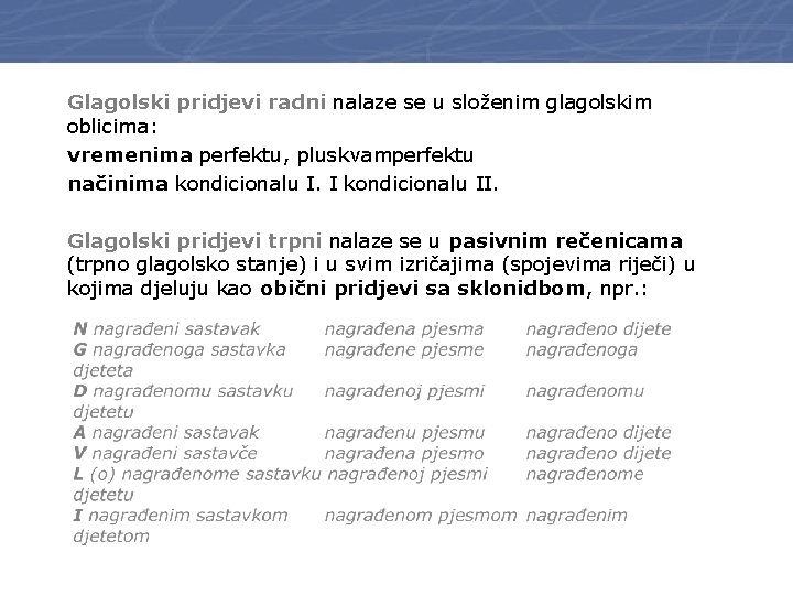 Glagolski pridjevi radni nalaze se u složenim glagolskim oblicima: vremenima perfektu, pluskvamperfektu načinima kondicionalu