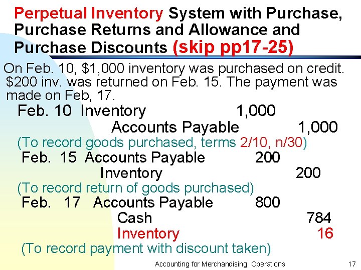 Perpetual Inventory System with Purchase, Purchase Returns and Allowance and Purchase Discounts (skip pp