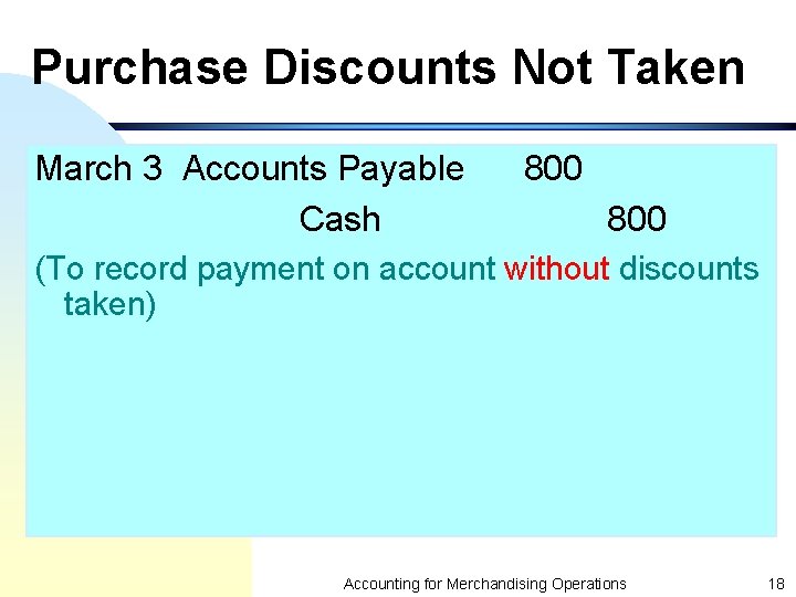 Purchase Discounts Not Taken March 3 Accounts Payable Cash 800 (To record payment on
