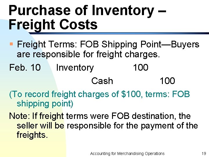 Purchase of Inventory – Freight Costs § Freight Terms: FOB Shipping Point—Buyers are responsible