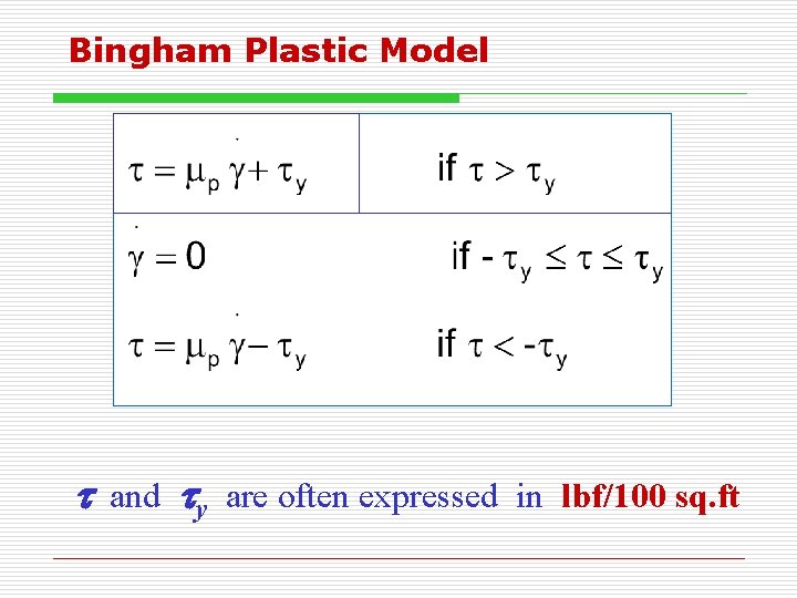 Bingham Plastic Model t and ty are often expressed in lbf/100 sq. ft 