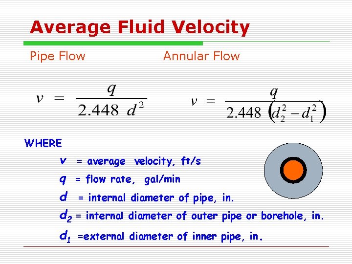 Average Fluid Velocity Pipe Flow Annular Flow WHERE v = average velocity, ft/s q