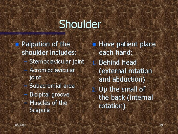 Shoulder n Palpation of the shoulder includes: – Sternoclavicular joint – Acromioclavicular joint –