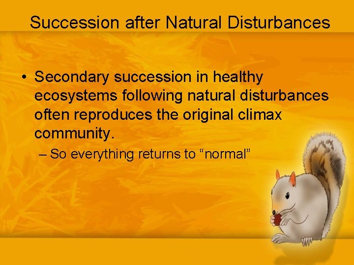 Succession after Natural Disturbances • Secondary succession in healthy ecosystems following natural disturbances often