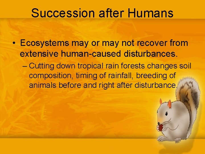 Succession after Humans • Ecosystems may or may not recover from extensive human-caused disturbances.