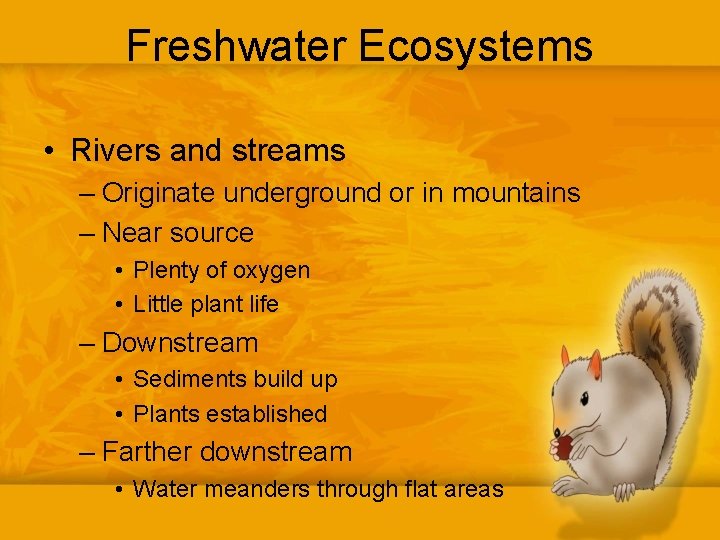 Freshwater Ecosystems • Rivers and streams – Originate underground or in mountains – Near