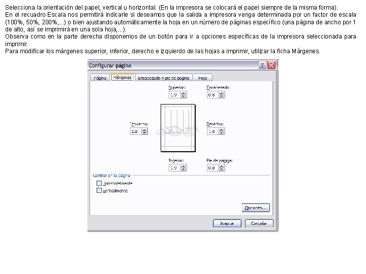 Selecciona la orientación del papel, vertical u horizontal. (En la impresora se colocará el