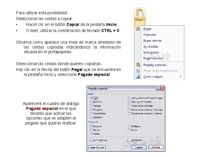 Para utilizar esta posibilidad: Seleccionar las celdas a copiar. • Hacer clic en el