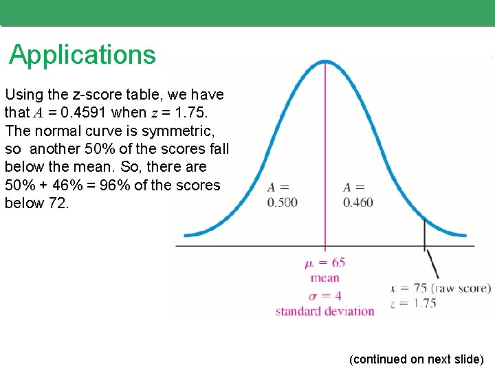 Applications Using the z-score table, we have that A = 0. 4591 when z Applications Using the z-score table, we have that A = 0. 4591 when z
