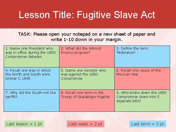 Lesson Title: Fugitive Slave Act TASK: Please open your notepad on a new sheet