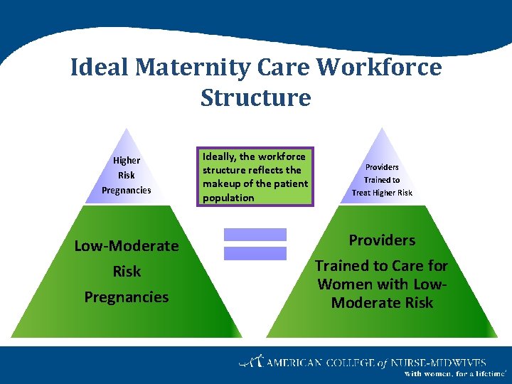 Ideal Maternity Care Workforce Structure Higher Risk Pregnancies Low-Moderate Risk Pregnancies Ideally, the workforce