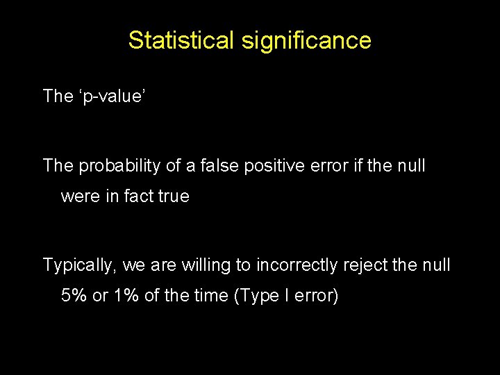 Statistical significance The ‘p-value’ The probability of a false positive error if the null