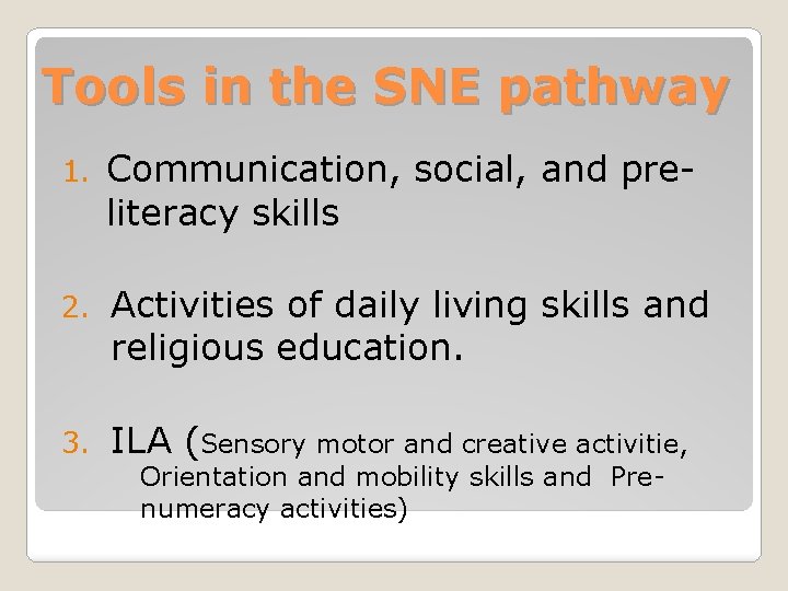 Tools in the SNE pathway 1. Communication, social, and preliteracy skills 2. Activities of Tools in the SNE pathway 1. Communication, social, and preliteracy skills 2. Activities of