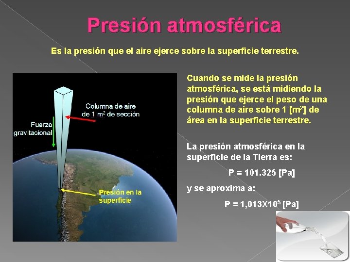 Presión atmosférica Es la presión que el aire ejerce sobre la superficie terrestre. Cuando