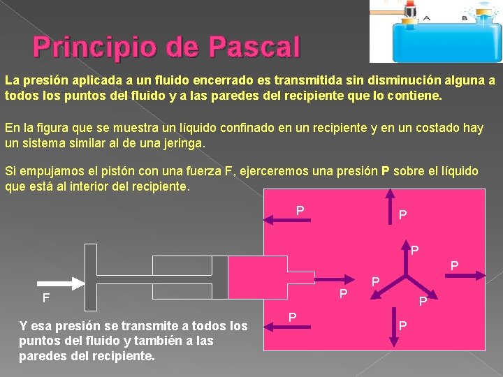 Principio de Pascal La presión aplicada a un fluido encerrado es transmitida sin disminución
