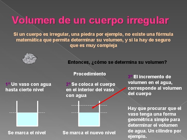 Volumen de un cuerpo irregular Si un cuerpo es irregular, una piedra por ejemplo,