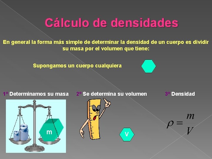 Cálculo de densidades En general la forma más simple de determinar la densidad de