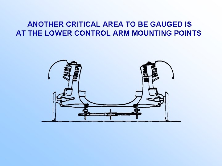 ANOTHER CRITICAL AREA TO BE GAUGED IS AT THE LOWER CONTROL ARM MOUNTING POINTS