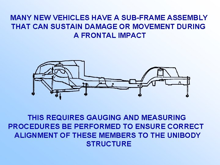 MANY NEW VEHICLES HAVE A SUB-FRAME ASSEMBLY THAT CAN SUSTAIN DAMAGE OR MOVEMENT DURING