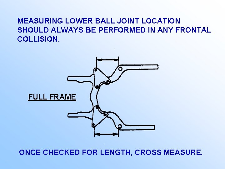 MEASURING LOWER BALL JOINT LOCATION SHOULD ALWAYS BE PERFORMED IN ANY FRONTAL COLLISION. FULL