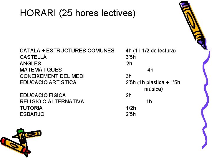 HORARI (25 hores lectives) CATALÀ + ESTRUCTURES COMUNES 4 h (1 i 1/2 de