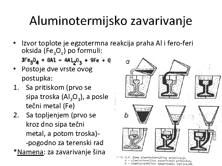 Aluminotermijsko zavarivanje • Izvor toplote je egzotermna reakcija praha Al i fero-feri oksida (Fe