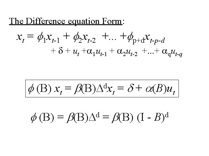 The Difference equation Form: xt = f 1 xt-1 + f 2 xt-2 +. The Difference equation Form: xt = f 1 xt-1 + f 2 xt-2 +.