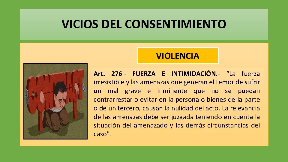 VICIOS DEL CONSENTIMIENTO VIOLENCIA Art. 276. - FUERZA E INTIMIDACIÓN. - “La fuerza irresistible