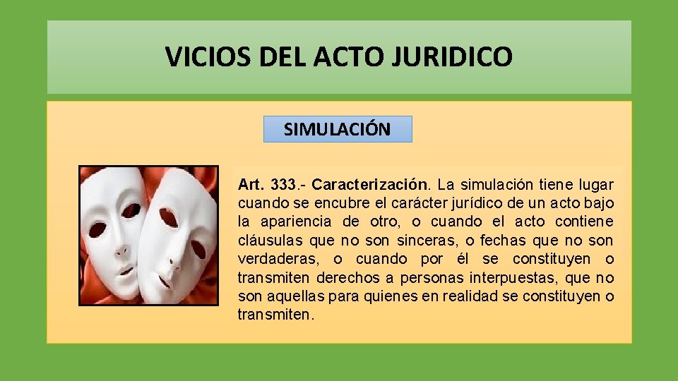 VICIOS DEL ACTO JURIDICO SIMULACIÓN Art. 333. - Caracterización. La simulación tiene lugar cuando