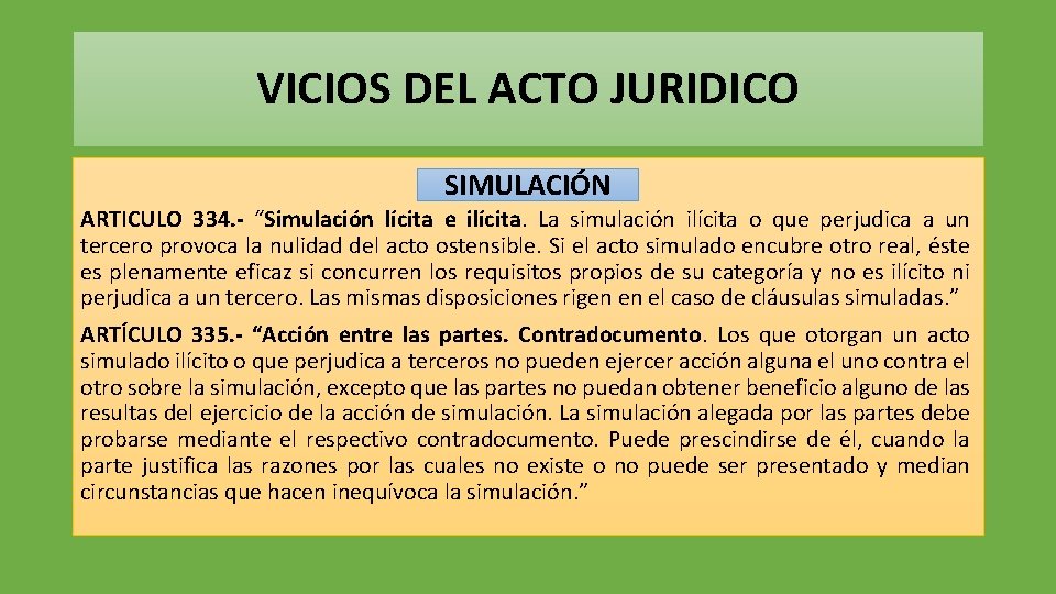 VICIOS DEL ACTO JURIDICO SIMULACIÓN ARTICULO 334. - “Simulación lícita e ilícita. La simulación