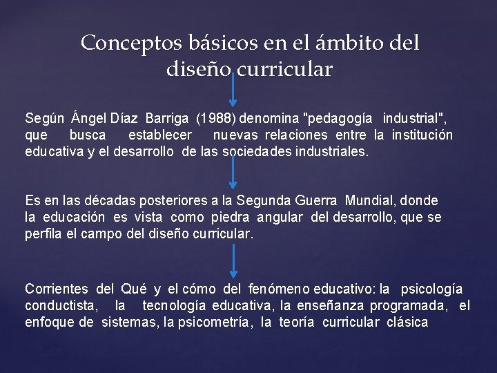 Conceptos básicos en el ámbito del diseño curricular Según Ángel Díaz Barriga (1988) denomina