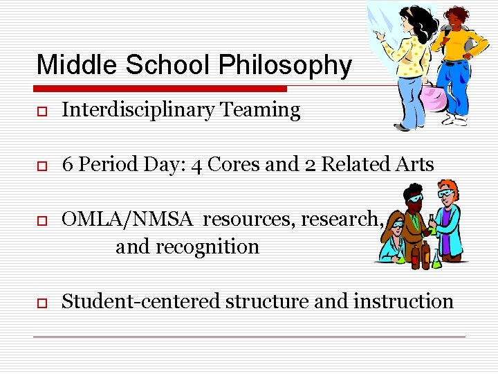 Middle School Philosophy o Interdisciplinary Teaming o 6 Period Day: 4 Cores and 2