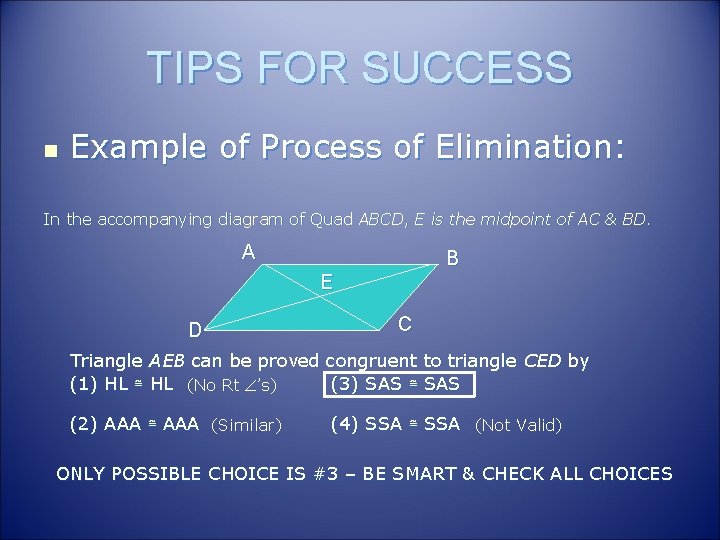 TIPS FOR SUCCESS n Example of Process of Elimination: In the accompanying diagram of