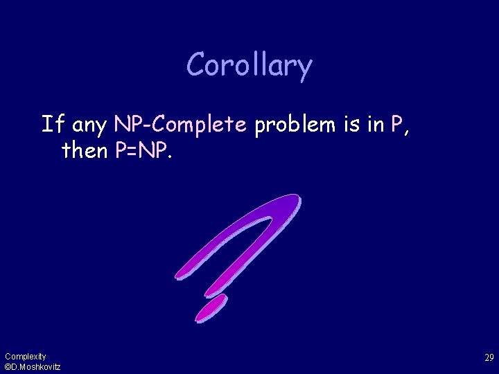 Corollary If any NP-Complete problem is in P, then P=NP. Complexity ©D. Moshkovitz 29