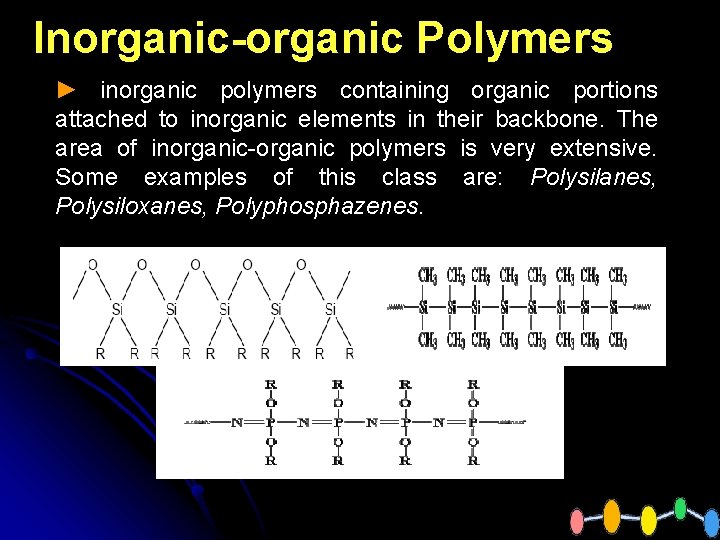 Inorganic-organic Polymers ► inorganic polymers containing organic portions attached to inorganic elements in their
