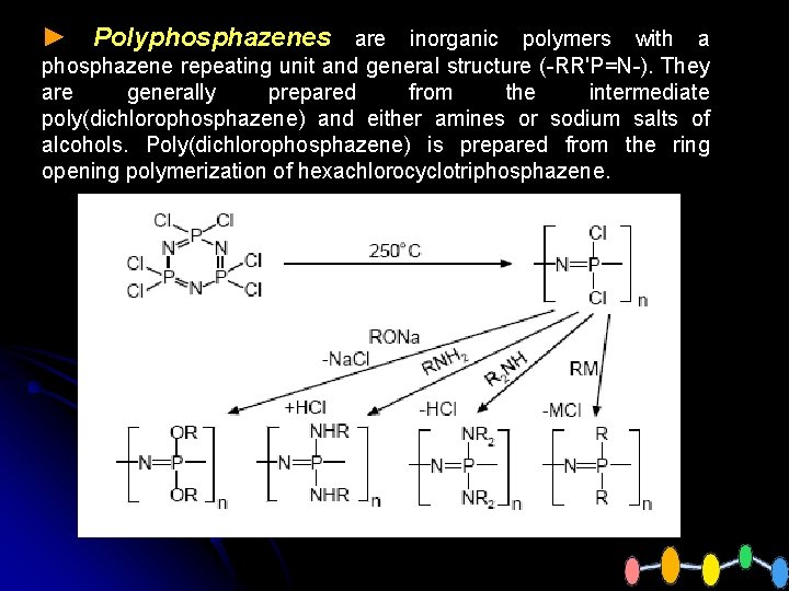► Polyphosphazenes are inorganic polymers with a phosphazene repeating unit and general structure (-RR'P=N-).