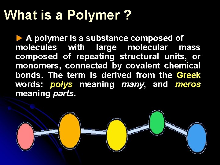 What is a Polymer ? ► A polymer is a substance composed of molecules