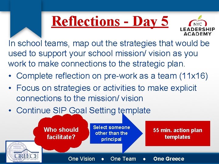 Reflections - Day 5 In school teams, map out the strategies that would be