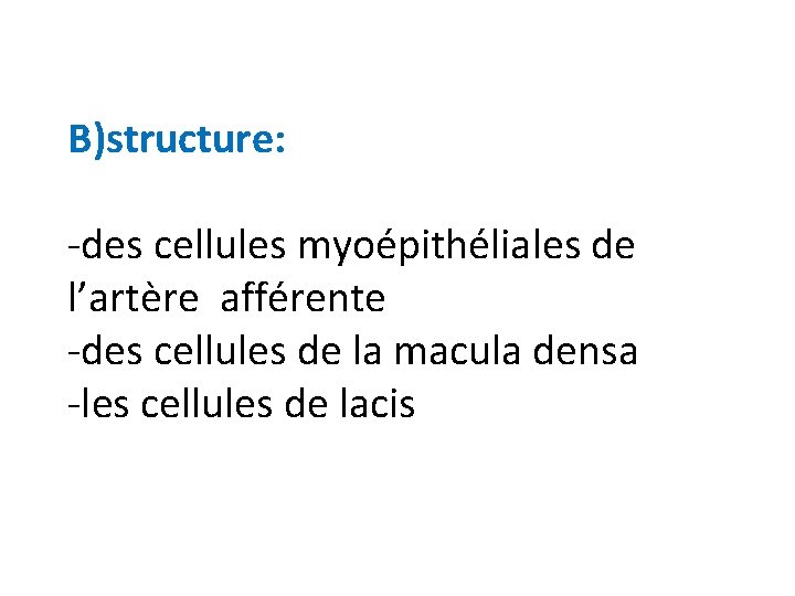 B)structure: -des cellules myoépithéliales de l’artère afférente -des cellules de la macula densa -les