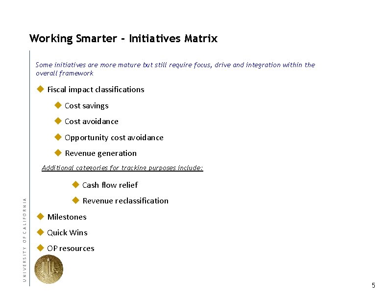 Working Smarter - Initiatives Matrix Some initiatives are more mature but still require focus,