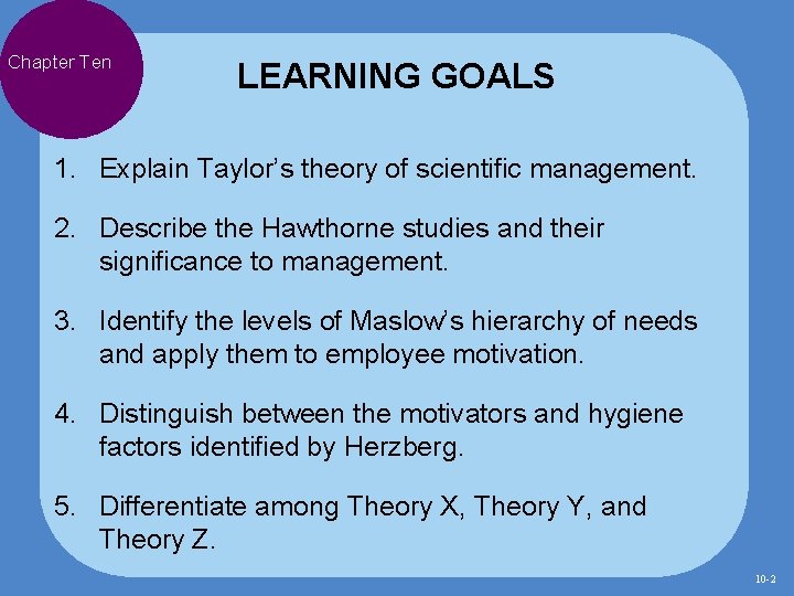 Chapter Ten LEARNING GOALS 1. Explain Taylor’s theory of scientific management. 2. Describe the