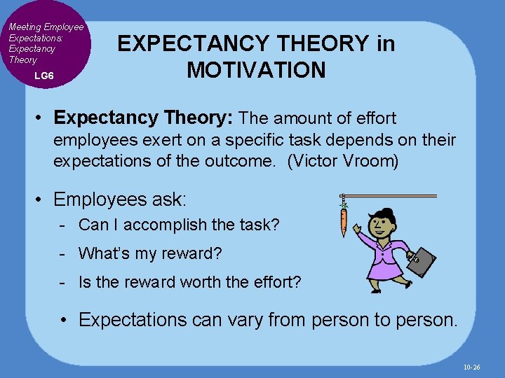 Meeting Employee Expectations: Expectancy Theory LG 6 EXPECTANCY THEORY in MOTIVATION • Expectancy Theory: