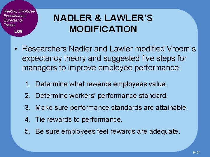 Meeting Employee Expectations: Expectancy Theory LG 6 NADLER & LAWLER’S MODIFICATION • Researchers Nadler