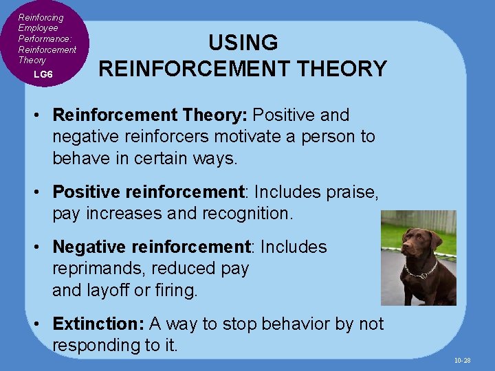 Reinforcing Employee Performance: Reinforcement Theory LG 6 USING REINFORCEMENT THEORY • Reinforcement Theory: Positive
