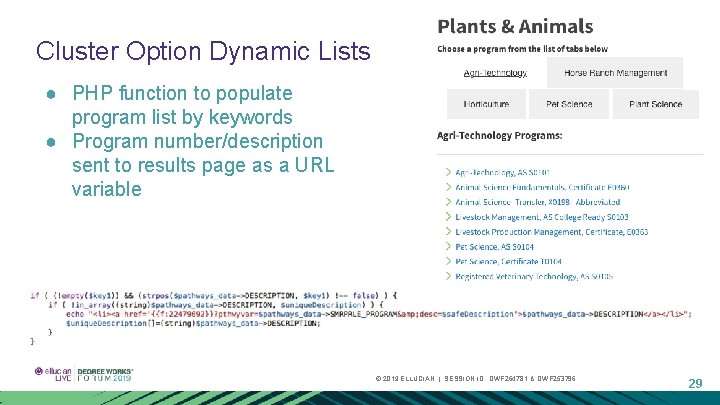 Cluster Option Dynamic Lists ● PHP function to populate program list by keywords ●