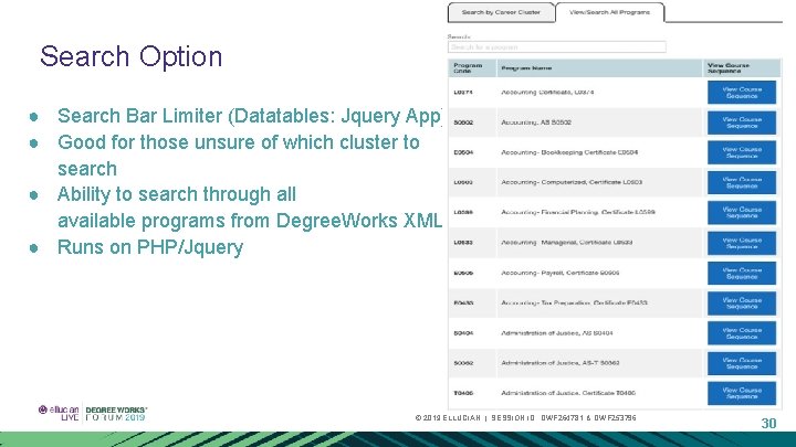 Search Option ● Search Bar Limiter (Datatables: Jquery App) ● Good for those unsure