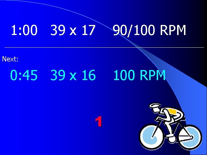 1: 00 39 x 17 90/100 RPM Next: 0: 45 39 x 16 1